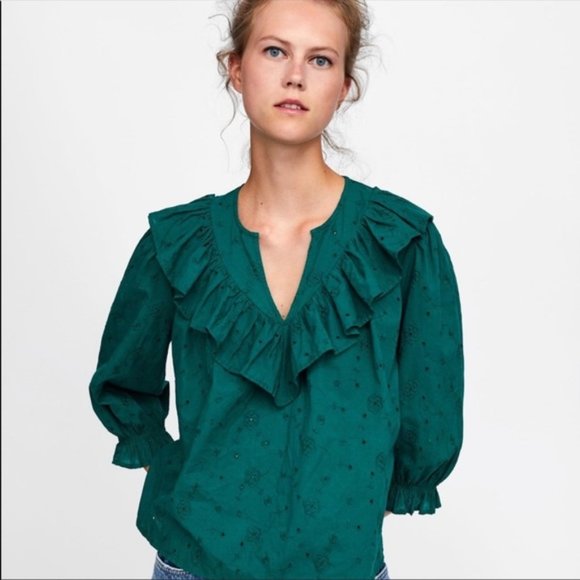 Zara Green Eyelet Cutwork Romantic Blouse Top - Picture 1 of 4